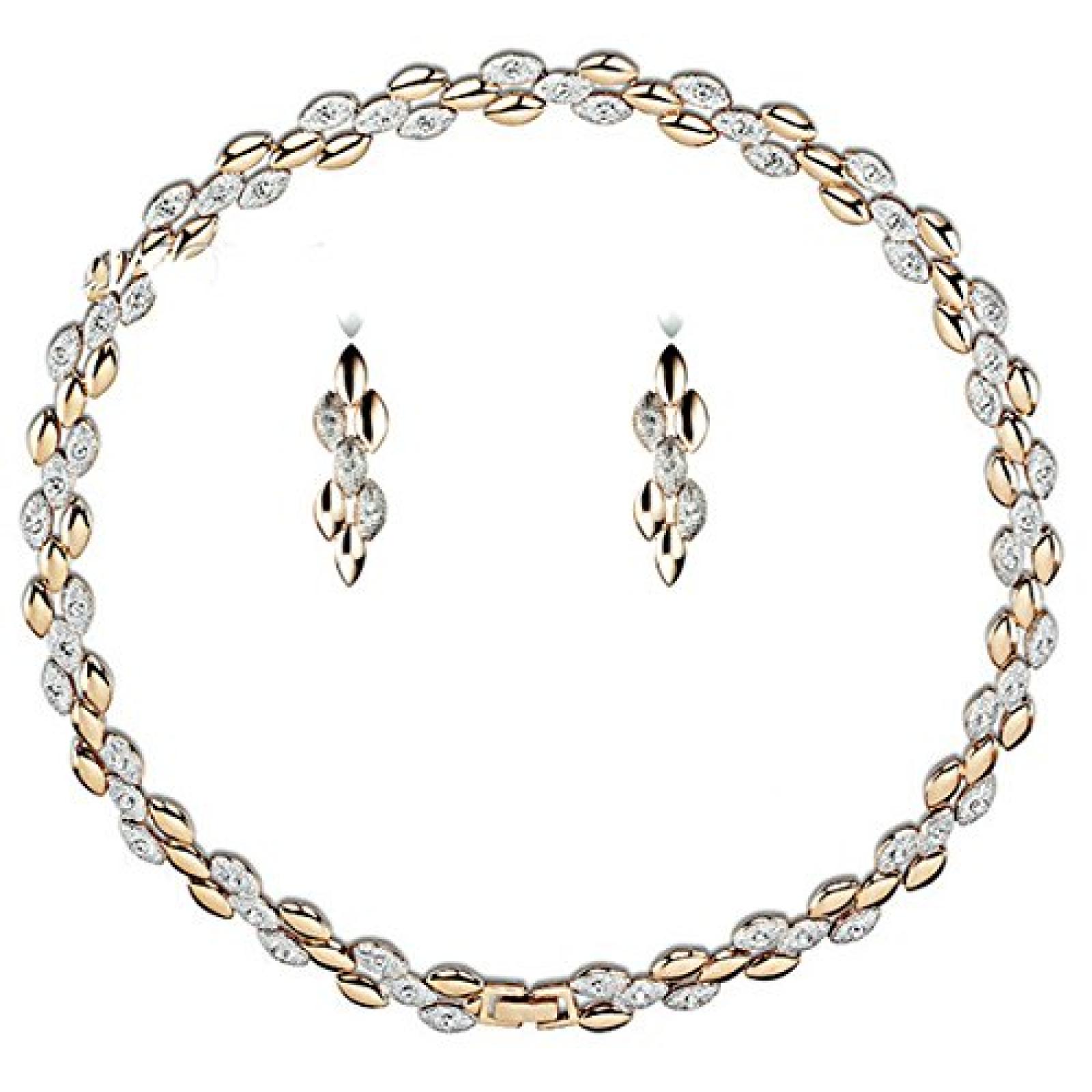 Fashion Plaza Mitte 2014 brand neu rosa Gold plattiert und weiss Kristall Blatt Form Halskette und Ohrring Schmuck Set S151-1 