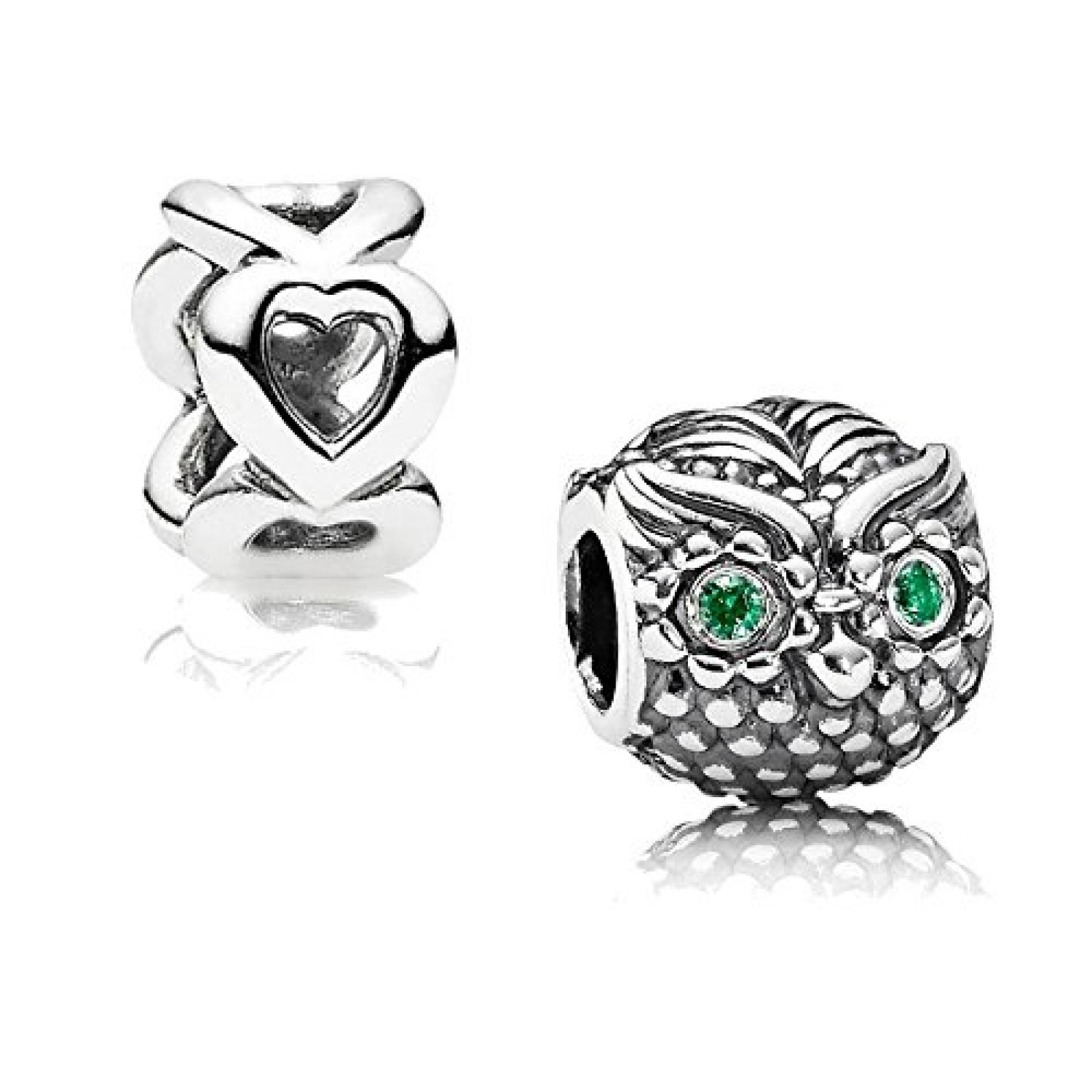 Original Pandora Geschenkset - 1 Silber Element Weise Eule mit gr&uuml;nem Zirkonia 791211CZN und 1 Silber Zwischenelement Offene Herzen 790454 