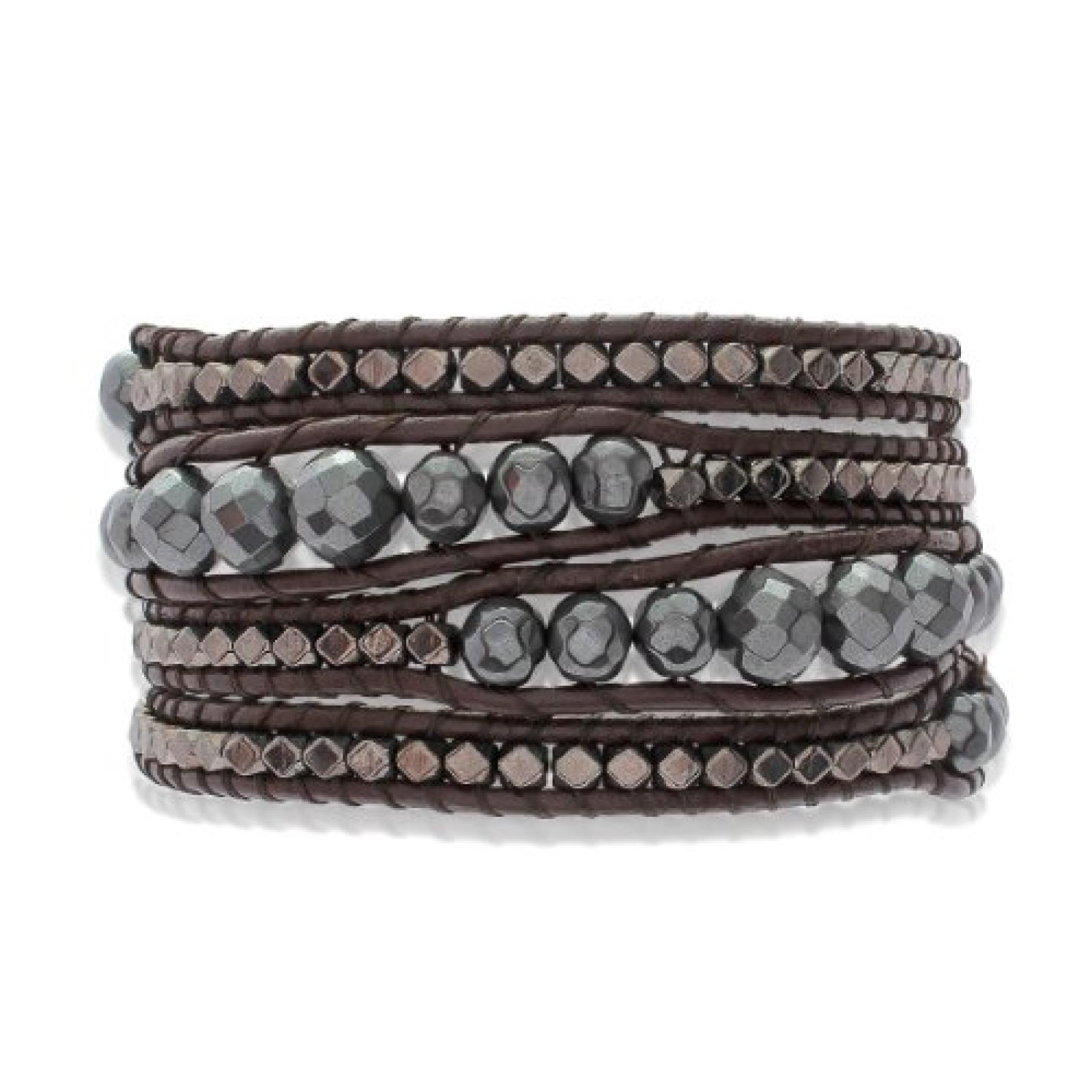 Rafaela Donata Damen-Armband Leather Collection Leder dunkelbraun H&auml;matit anthrazit Metallbeads silberfarben 60831006 
