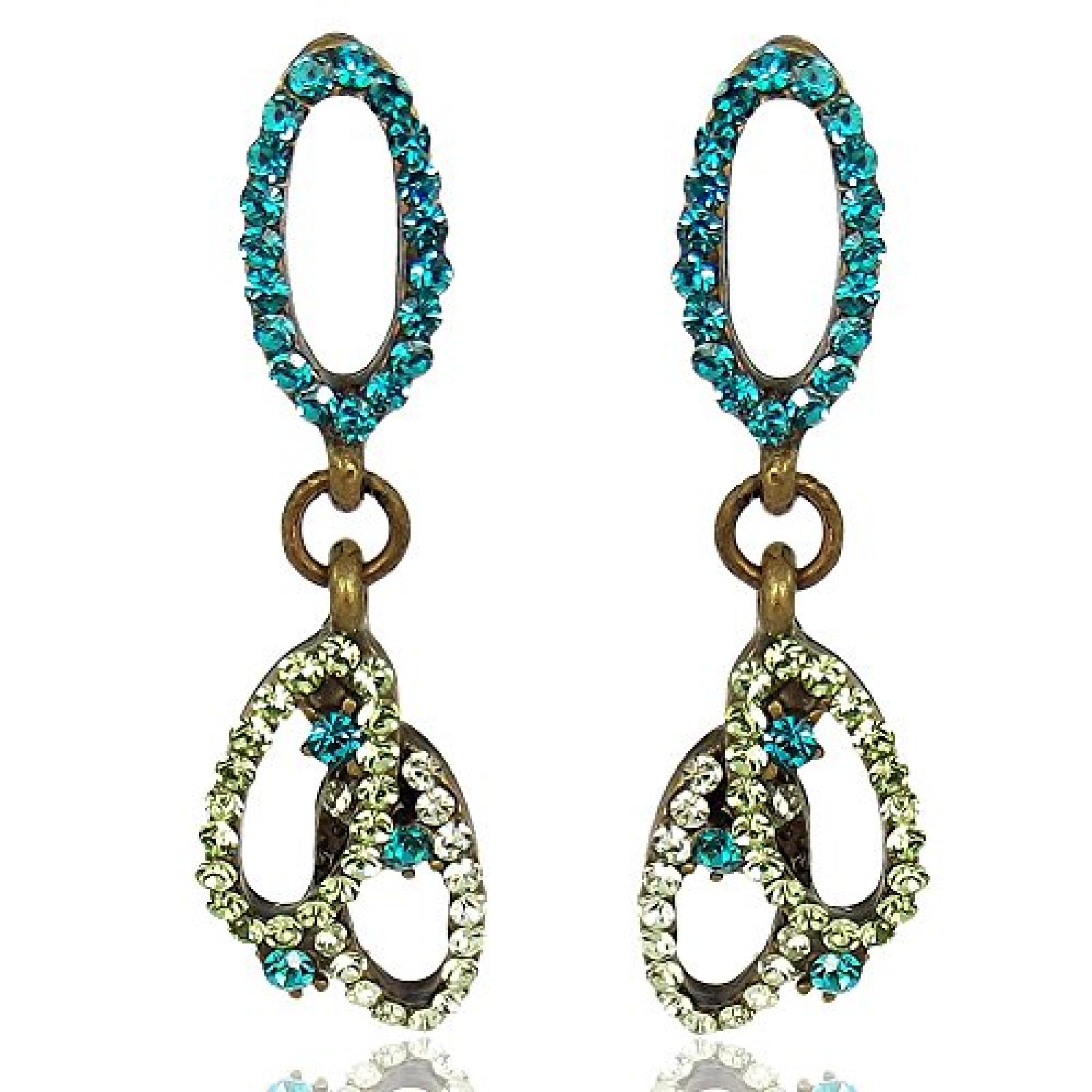 Vintage Ohrringe mit Strass Kristallen Blue Zircon Gr&uuml;n - Messing - in Etui 