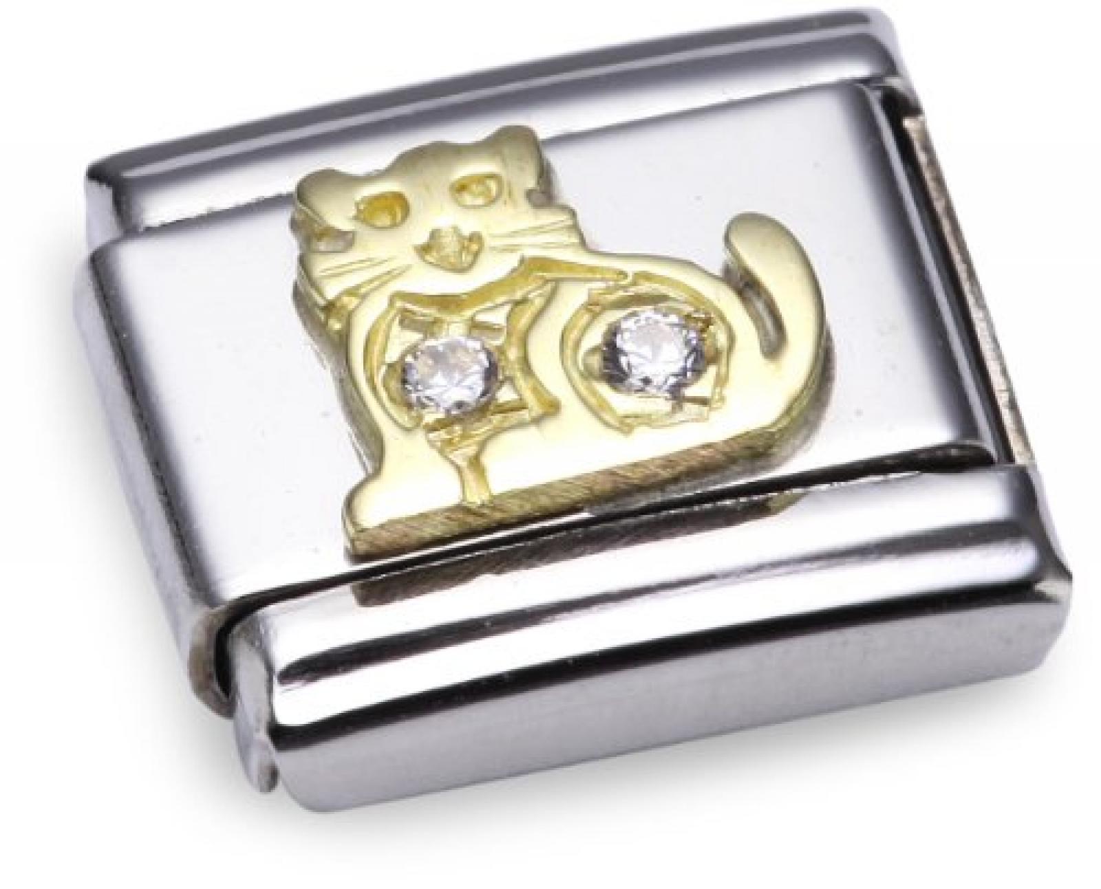 Nomination Comp. Classic TIERE - LAND Edelstahl, 18K-Gold und Cubic Zirc. (Katze WEISS) 030304 