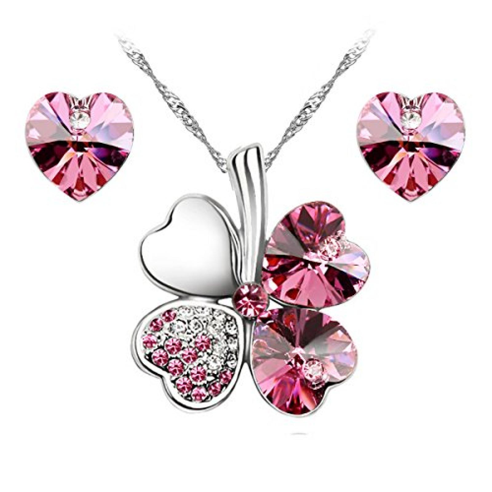 Le Premium® Schmuck-Set vier Blättern Klee Halskette+ohrring Gestüt Herz geformt Swarovski Rosa Kristalle Le Premium® Schmuck-Set vier Blättern Klee Halskette+ohrring Gestüt Herz geformt Swarovski Rosa Kristalle