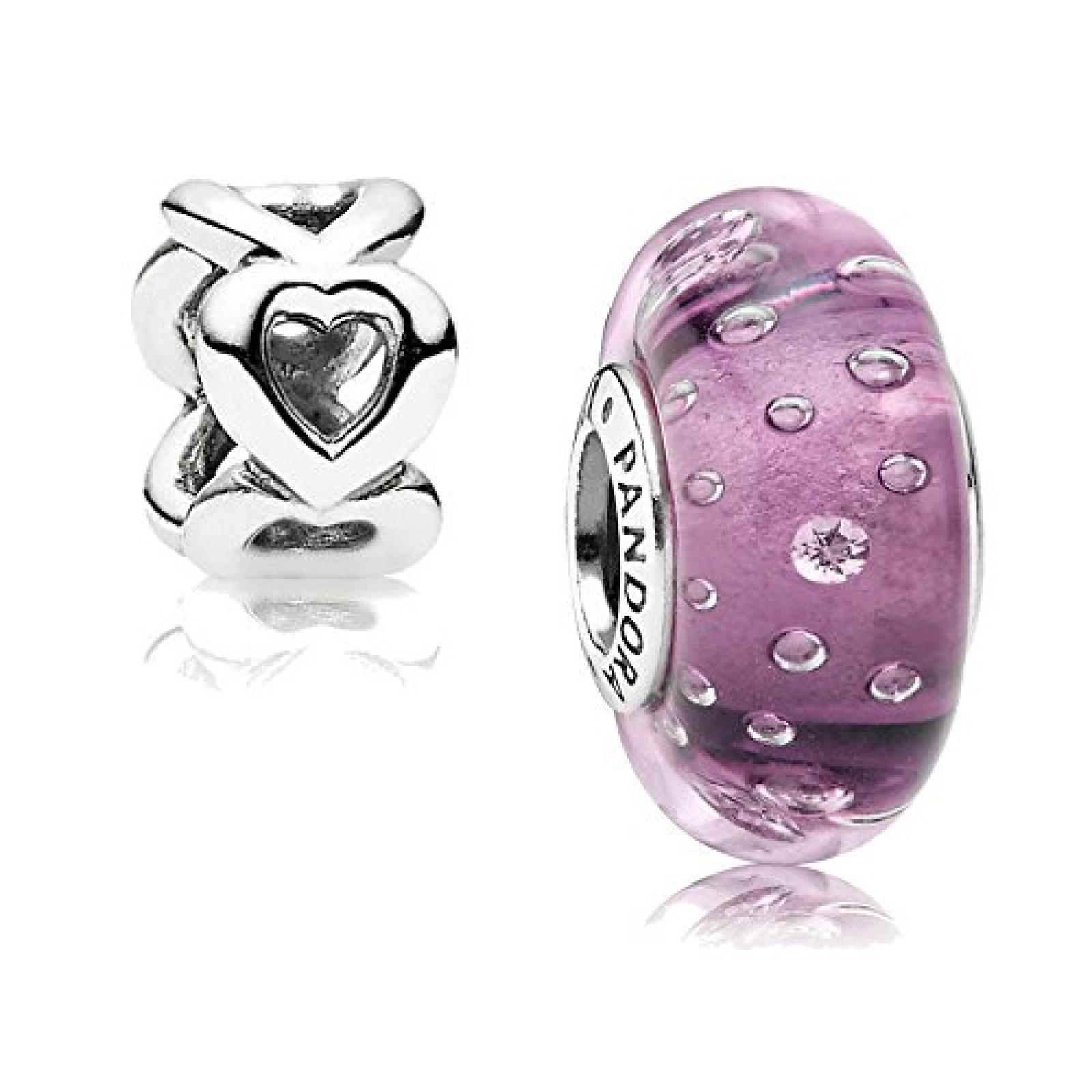 Original Pandora Geschenkset - 1 Silber Muranoglas Element Glitzer-Glas Lila mit klarem Zirkonia 791616CZ und 1 Silber Zwischenelement Offene Herzen 790454 