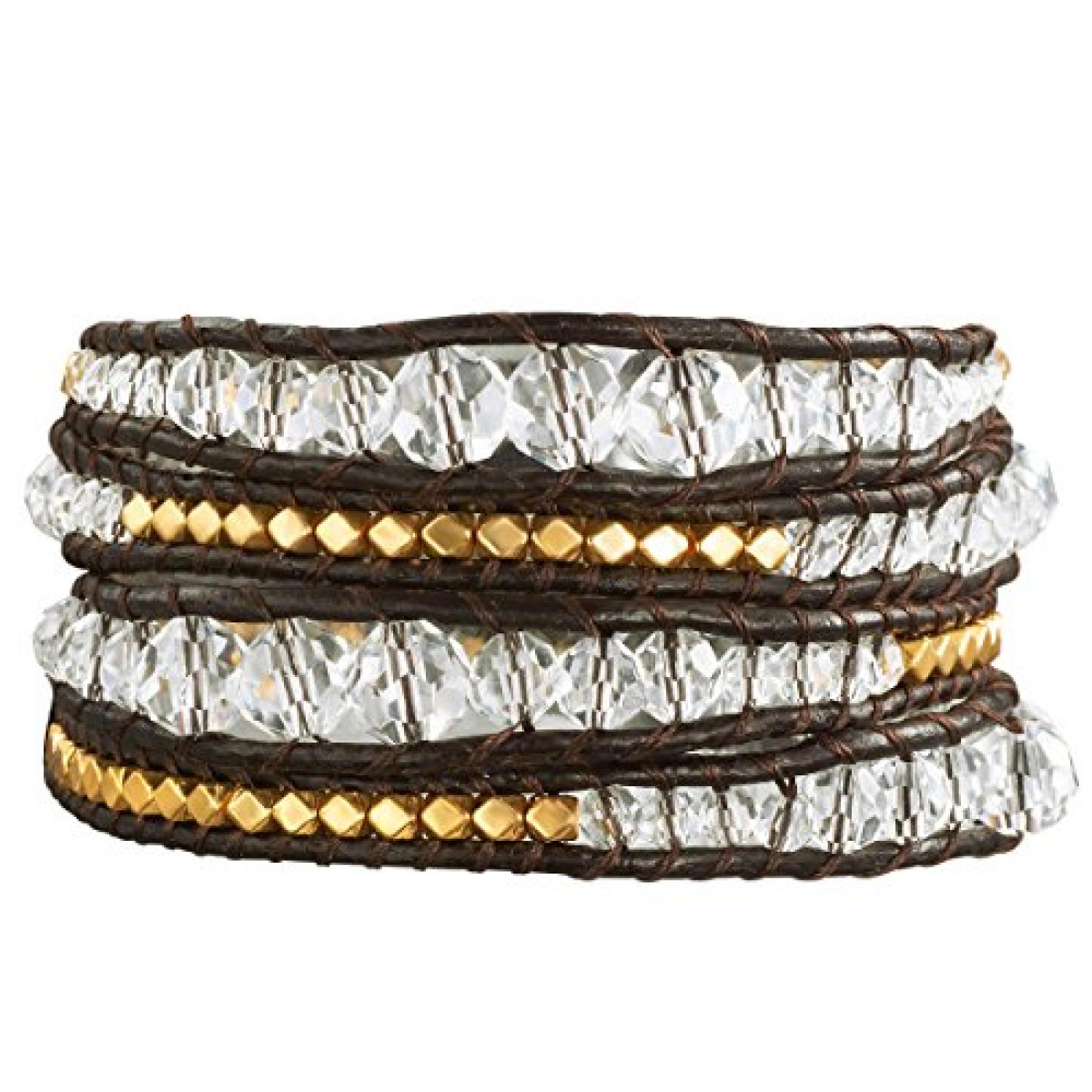 Rafaela Donata Damen-Armband Leather Collection Leder dunkelbraun Metallbeads goldfarben Glaskristall klar 60831004 