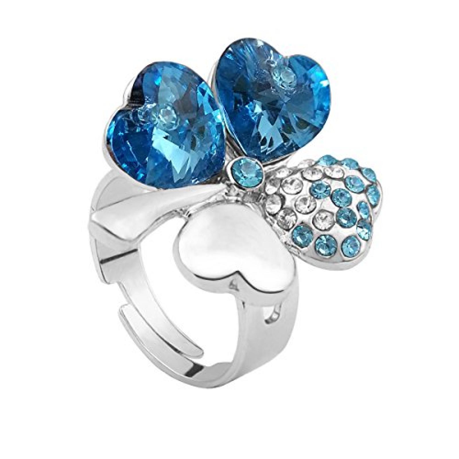 Le Premium&reg; Vier Blatt Klee Mode-Fingerring herzf&ouml;rmigen Swarovski Aquamarine Blau kristalle (einstellbarer Gr&ouml;&szlig;e) 