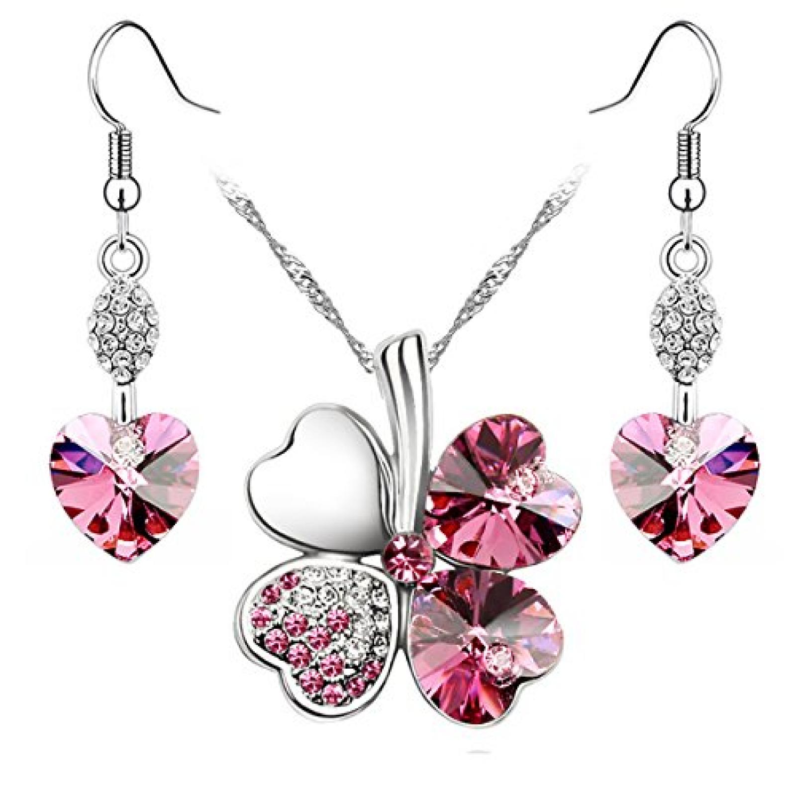 Le Premium&reg; Schmuck-Set Vier Bl&auml;ttern Klee Halskette+ohrring baumeln Herz geformt Swarovski Rosa Kristalle 