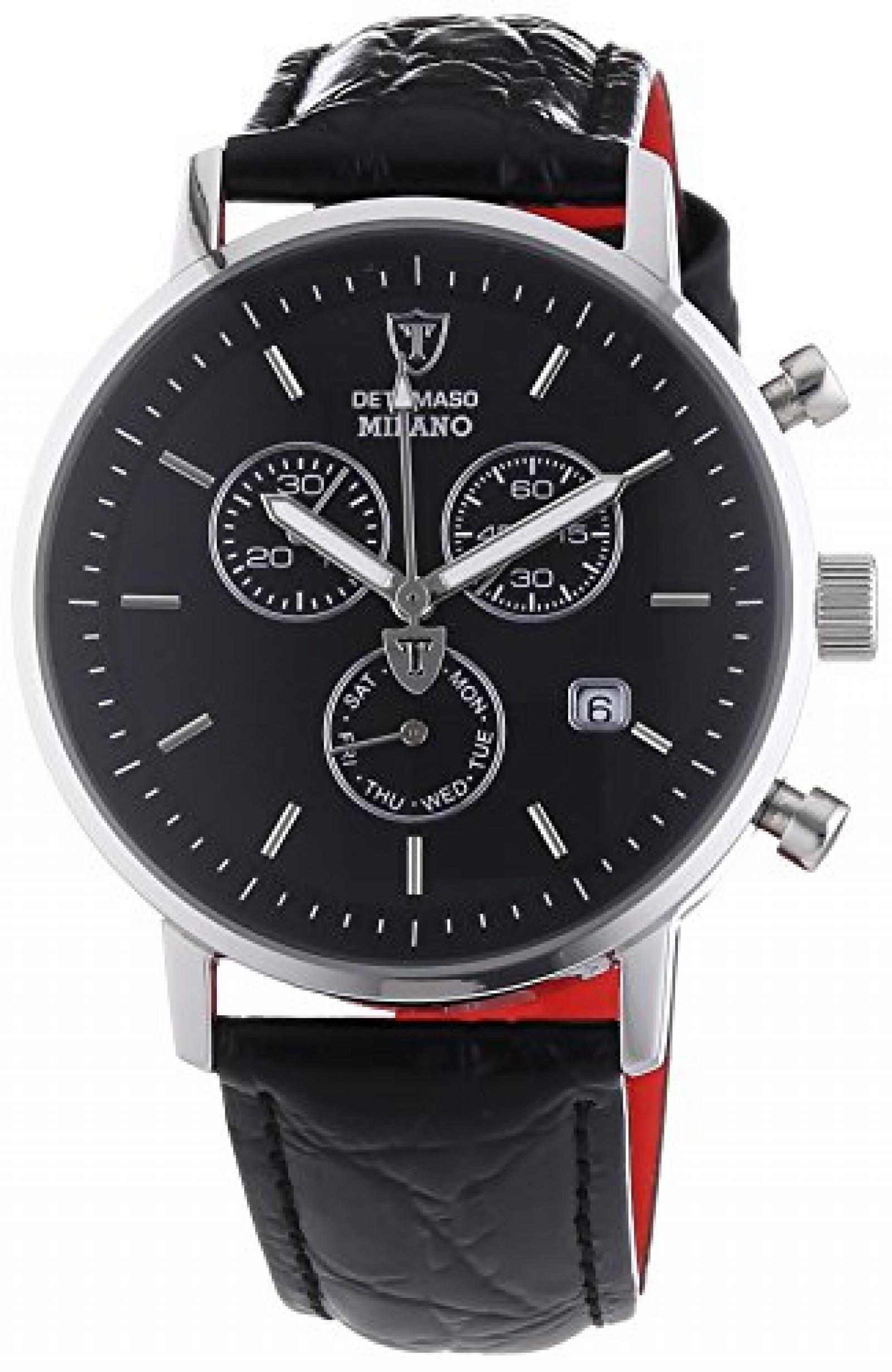 Detomaso Herren-Armbanduhr XL MILANO Chronograph Silver/Black Quarz Leder DT1052-A 