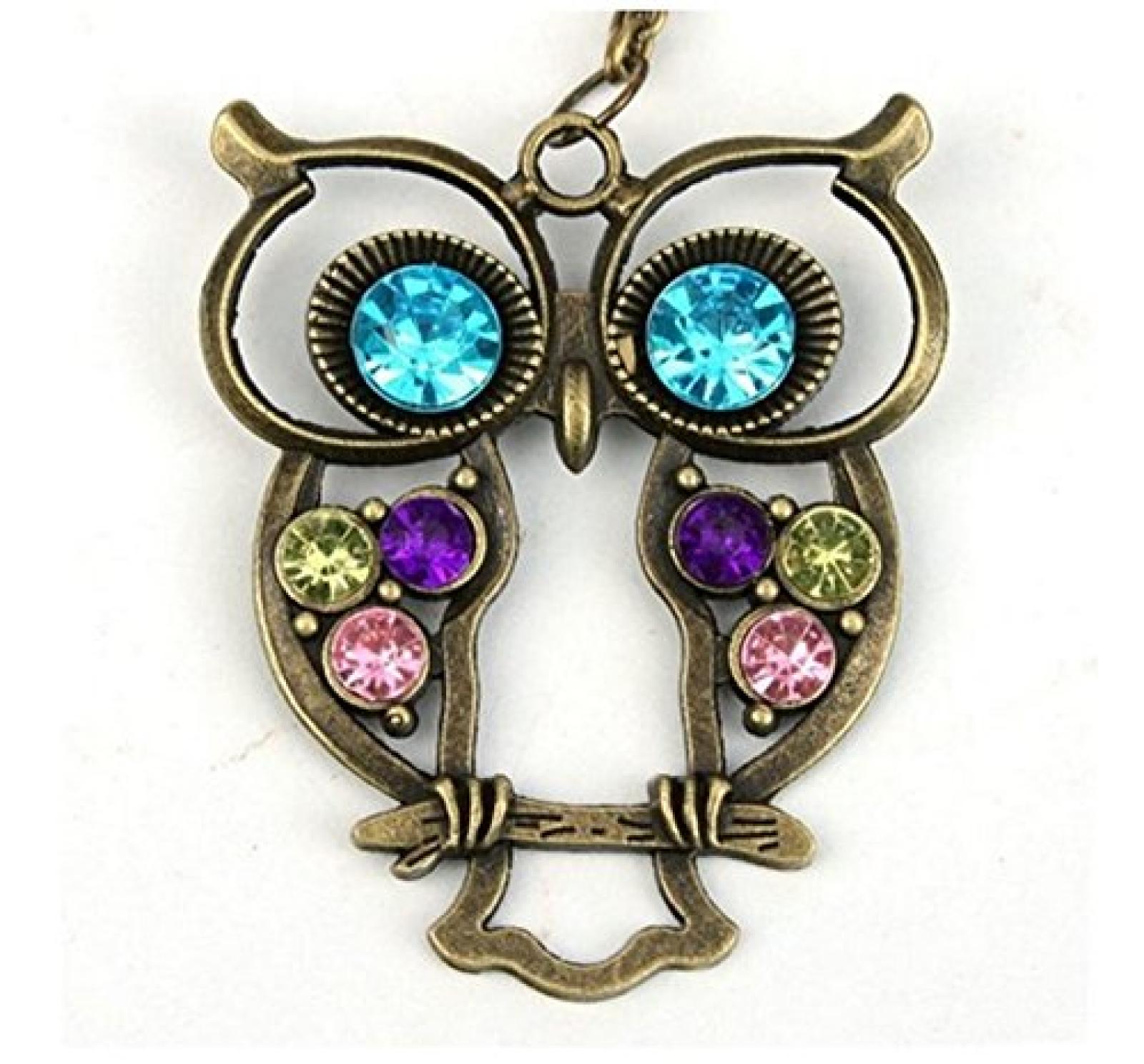 Lange Retro Vintage Halskette Kette mit s&uuml;&szlig;em Eulen-Anh&auml;nger mit blauen Augen 