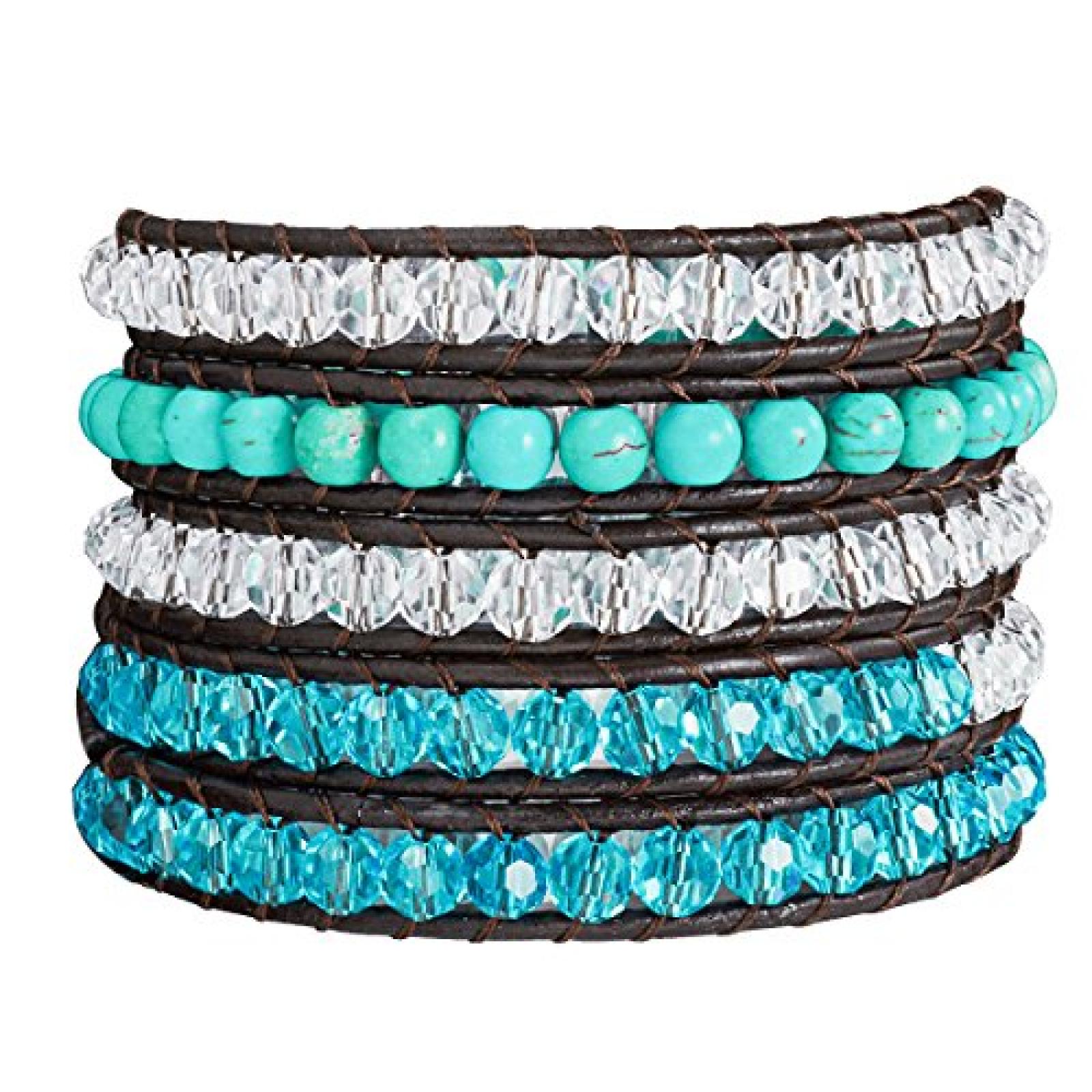 Rafaela Donata Damen-Armband Leather Collection Leder dunkelbraun T&uuml;rkis Glaskristalle wei&szlig; / hellblau 60831019 